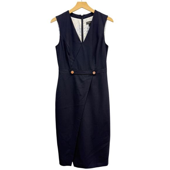 Ted Baker Sleeveless Wool Cerisad Faux-Wrap Sheath Dress in Deep Indigo size 2 - Picture 2 of 7